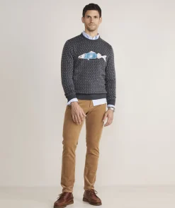 Merino Wool Fish Knit Crewneck Sweater
