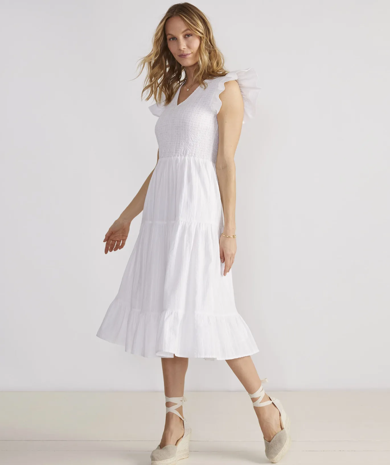 Smocked V-Neck Midi Dress