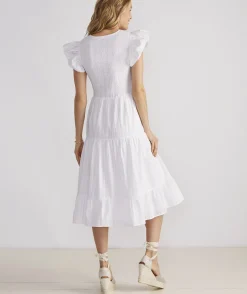 Smocked V-Neck Midi Dress