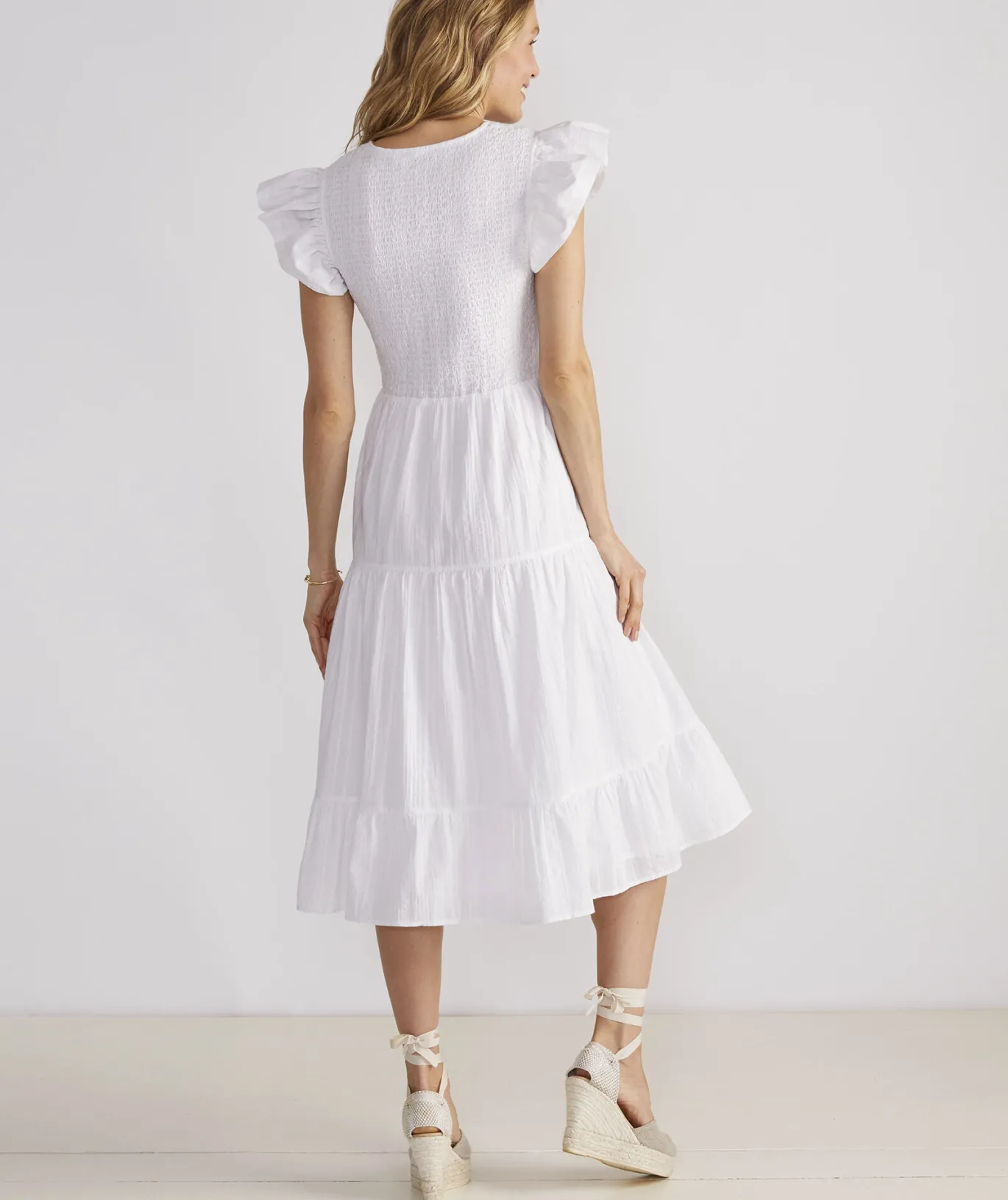 Smocked V-Neck Midi Dress
