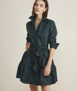 Taffeta Tie-Waist Blackwatch Shirtdress
