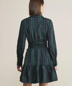 Taffeta Tie-Waist Blackwatch Shirtdress